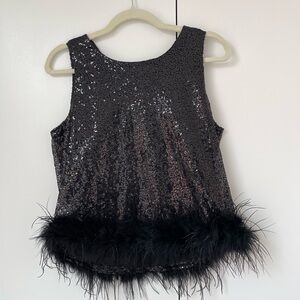 Black Sequin Sleeveless Top with Feather Trim